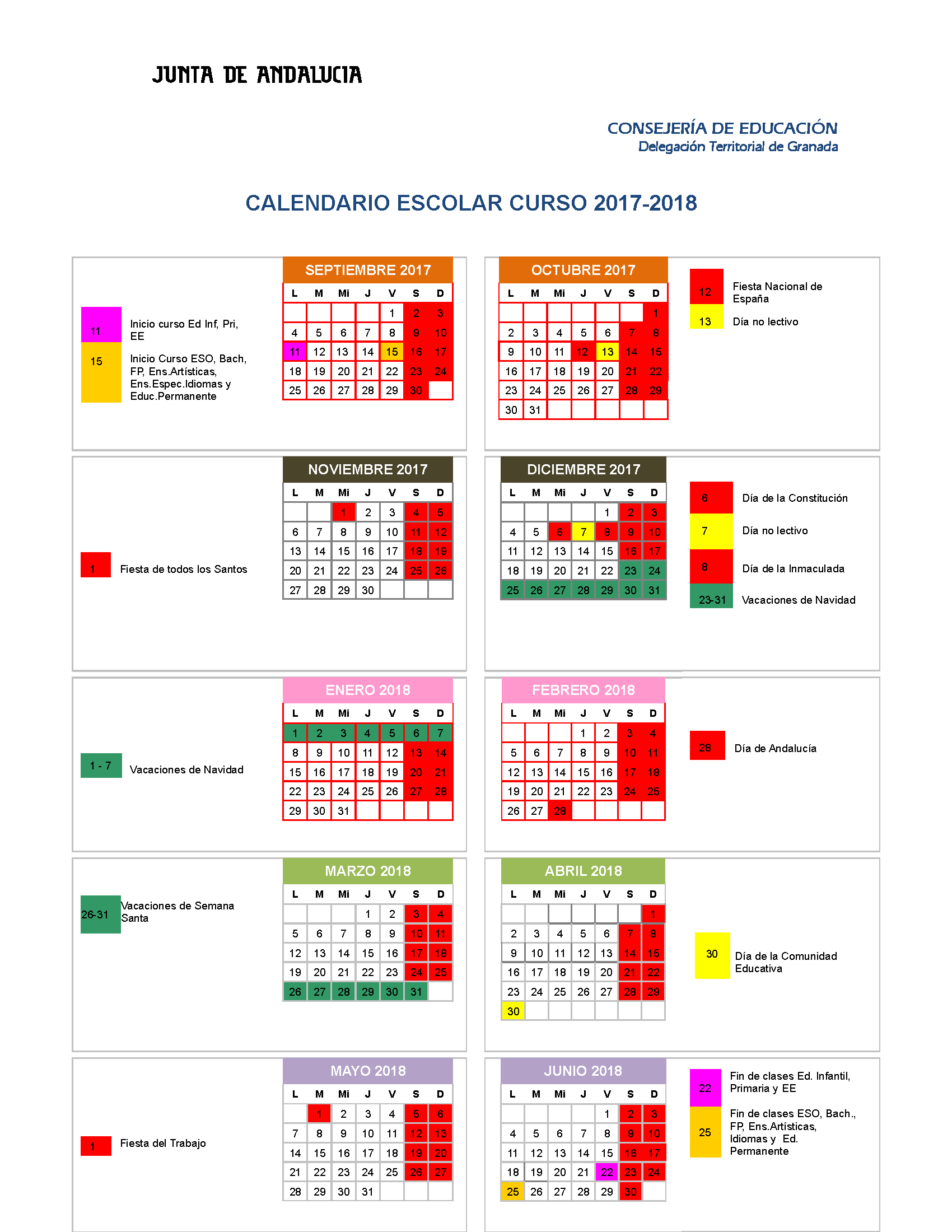 Calendario Escolar 2017-18 Granada