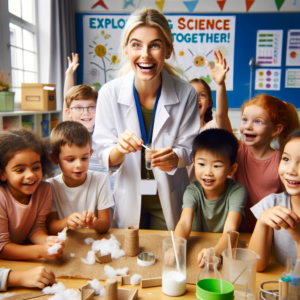 Profesor de ciencias extraescolares interactuando con un grupo de niños entusiasmados, sentados en círculo en un aula colorida. La imagen captura un momento de aprendizaje interactivo, centrado en la exploración y el descubrimiento científico".