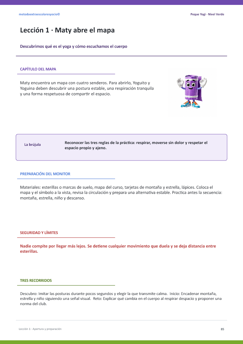 Página real de preparación de una lección de Peque Yogi