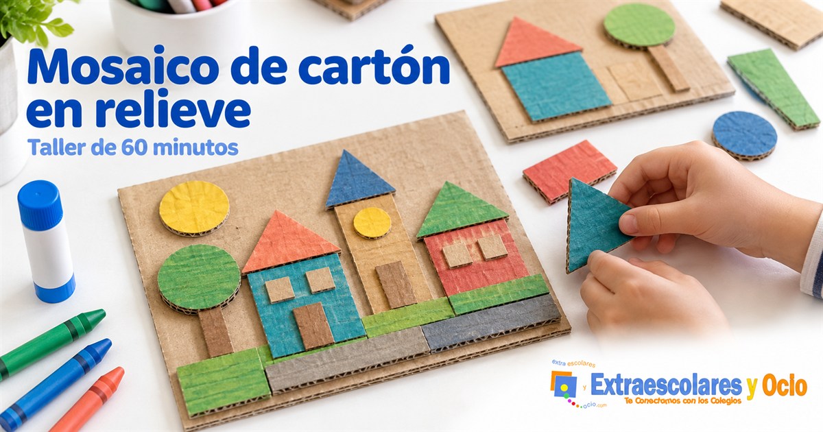Manos infantiles colocando piezas de cartón junto a un mosaico en relieve de una ciudad