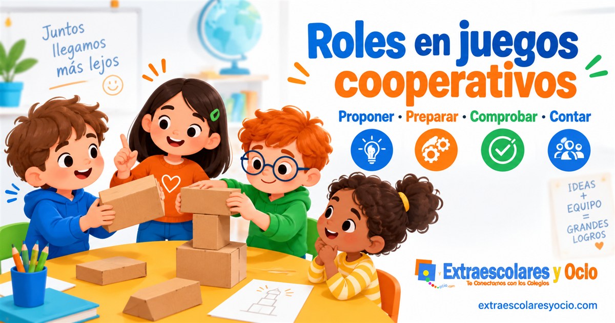 Ilustración de cuatro niños preparando una construcción cooperativa con cartón