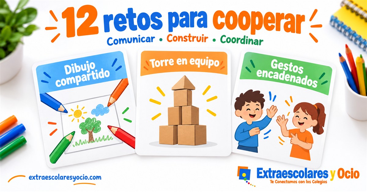 Tres tarjetas ilustradas de dibujo compartido, torre en equipo y gestos encadenados
